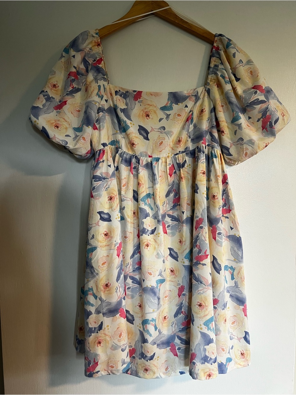 TCEC Cream Floral Puff Sleeve Dress with Blue and Pink Accents